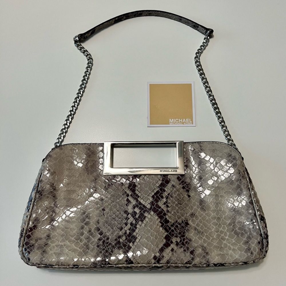 MICHAEL KORS Snakeskin Leather Clutch Chain Shoulder Bag Gray Silver